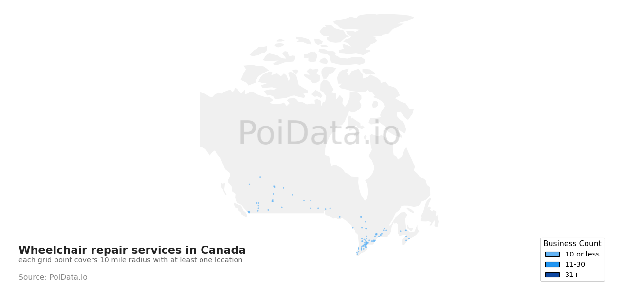 Wheelchair repair service density map for Quebec, Canada