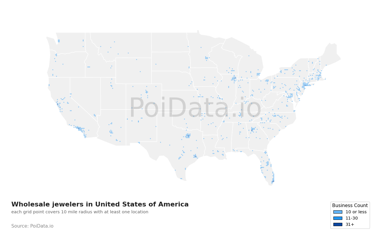 Wholesale jeweler density map for Florida, United States