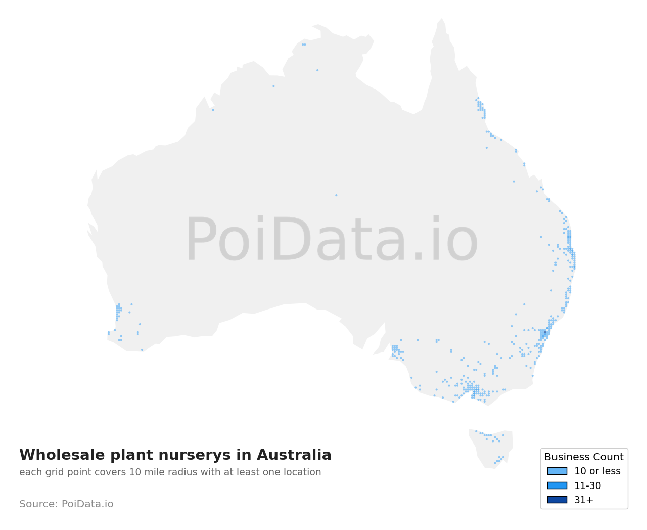 Wholesale plant nursery density map for Tasmania, Australia