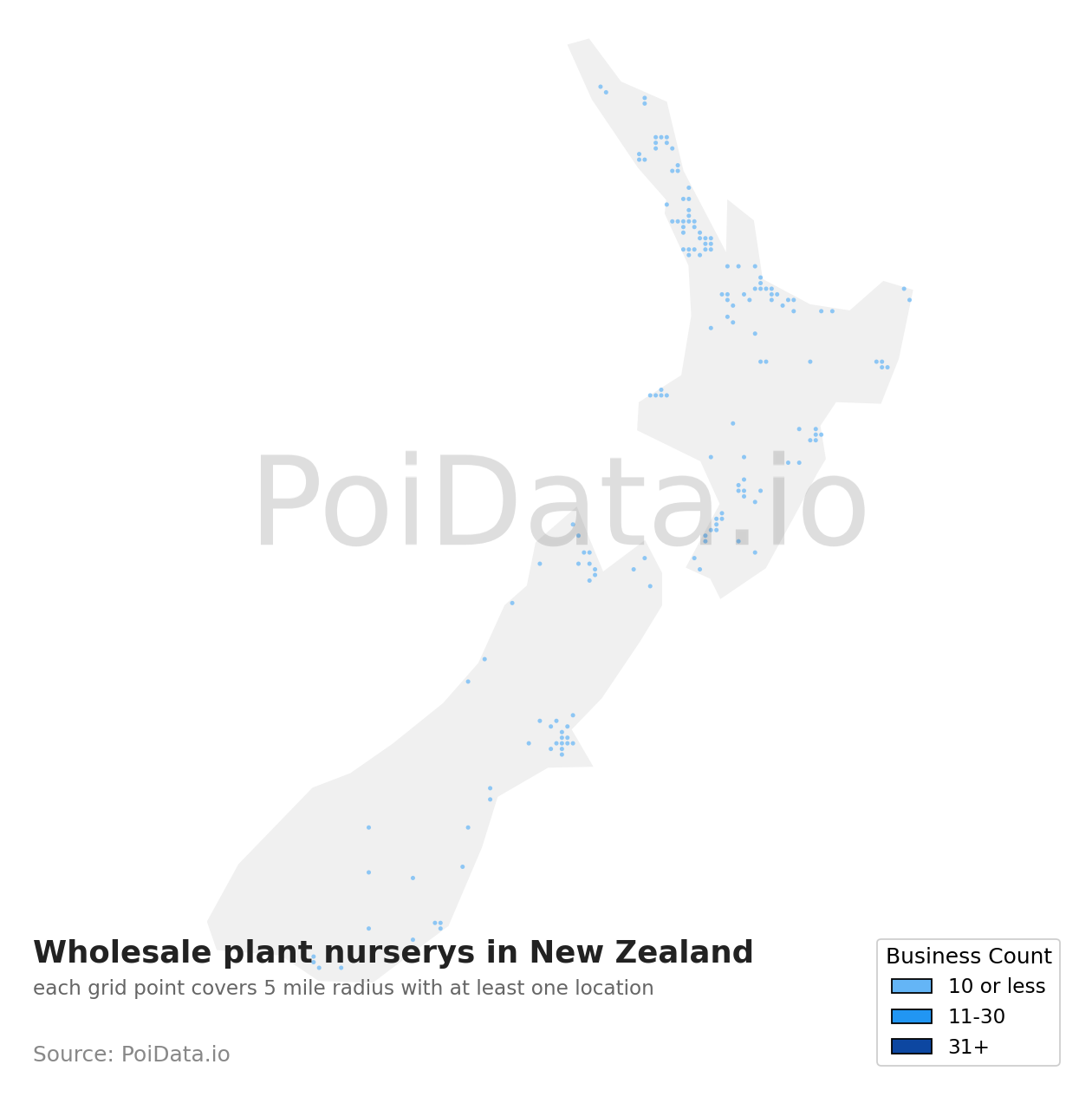 Wholesale plant nursery density map for New Zealand