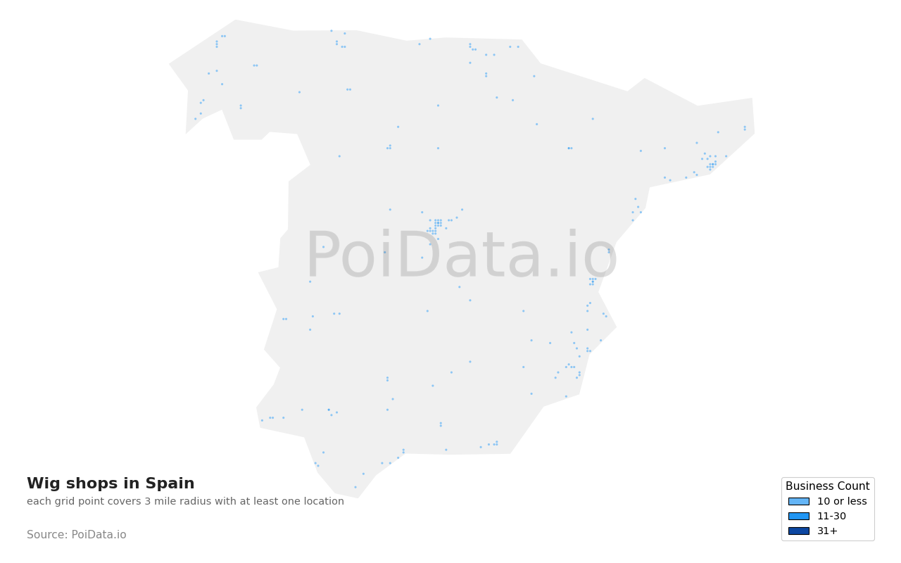 Wig shop density map for Spain
