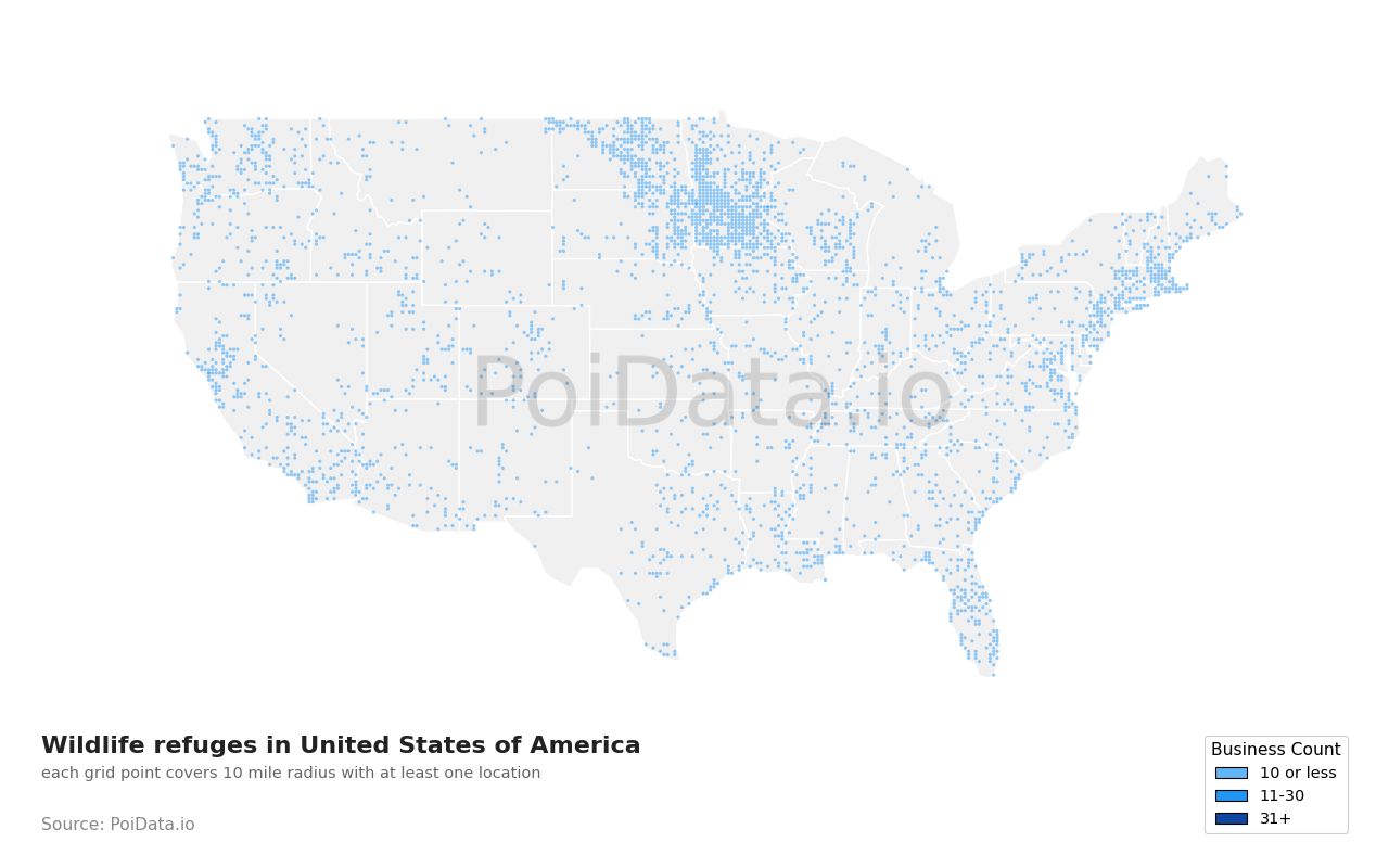 Wildlife refuge density map for Missouri, United States