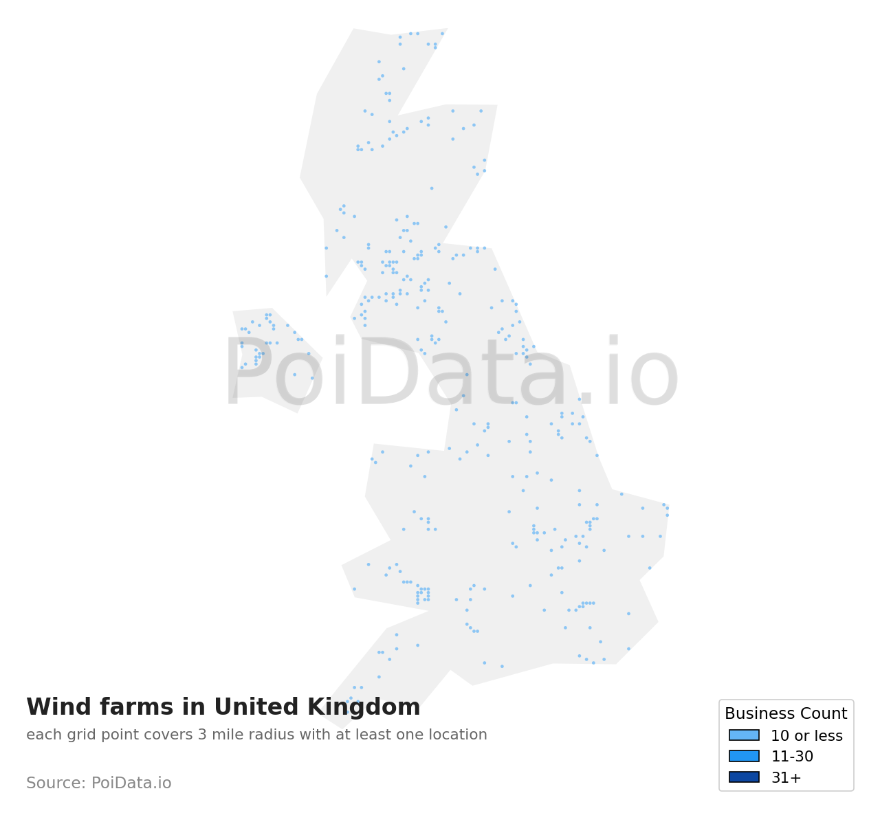 Wind farm density map for United Kingdom