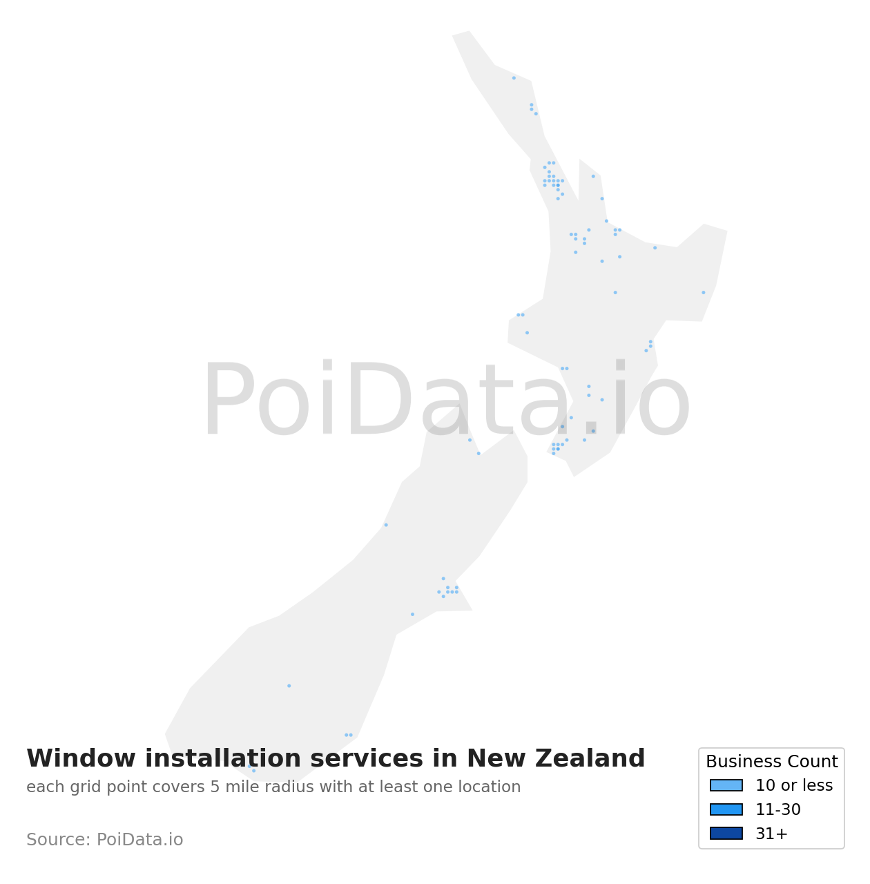 Window installation service density map for New Zealand