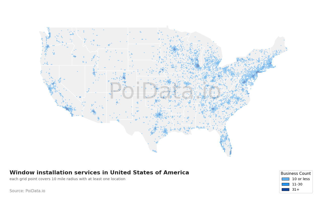 Window installation service density map for Alabama, United States