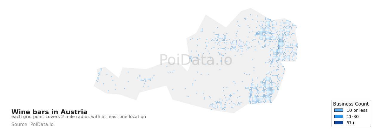 Wine bar density map for Austria