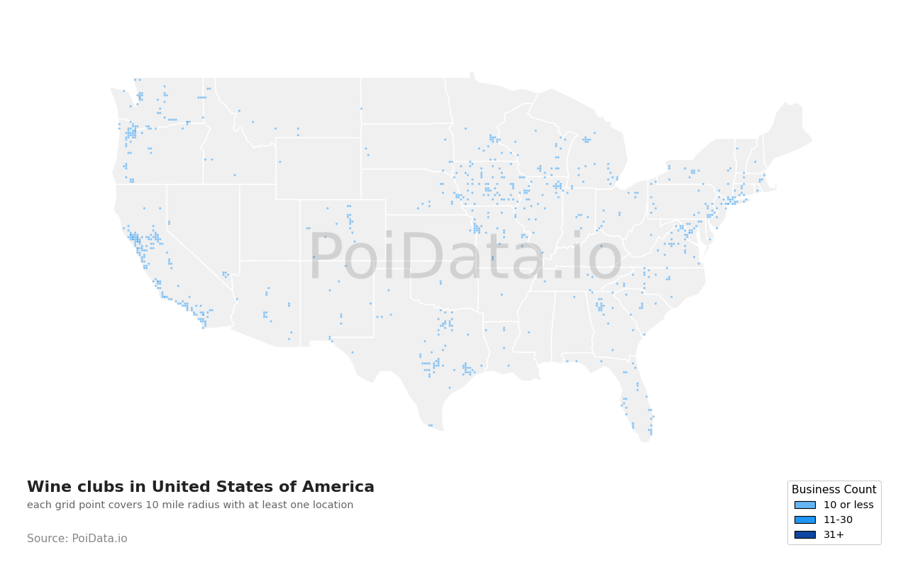 Wine club density map for United States