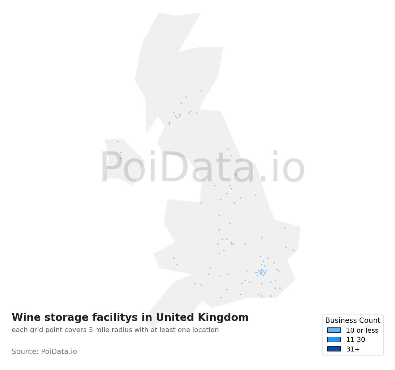 Wine storage facility density map for United Kingdom