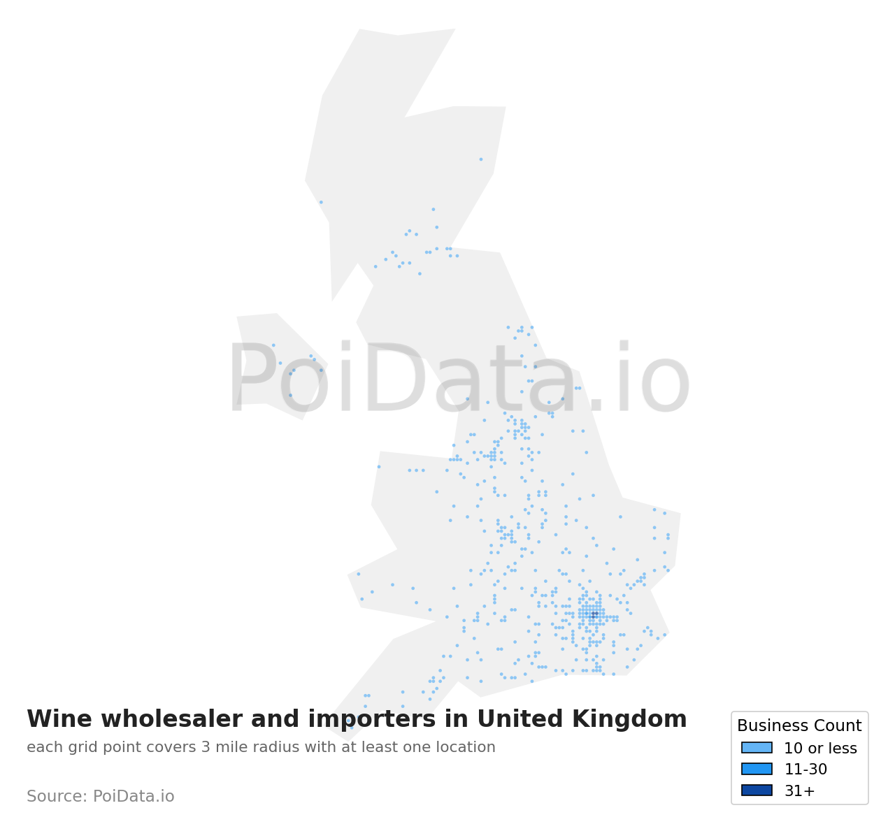 Wine wholesaler and importer density map for United Kingdom