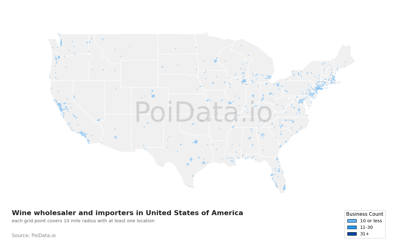 Wine wholesaler and importer density map for United States