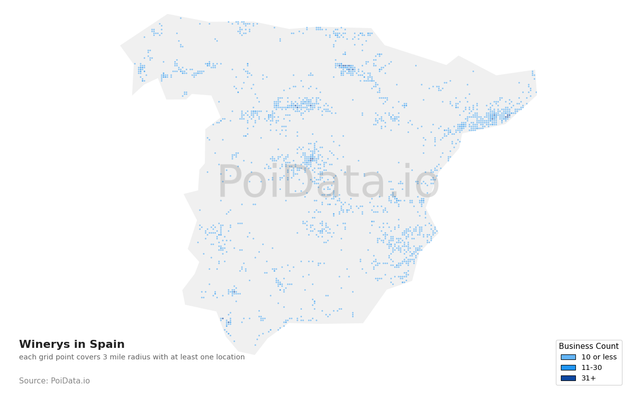 Winery density map for Spain