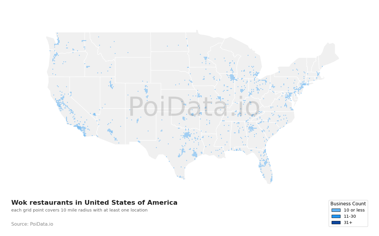 Wok restaurant density map for California, United States