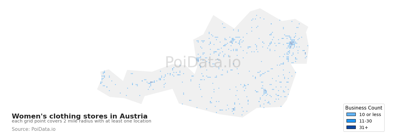 Women's clothing store density map for Austria