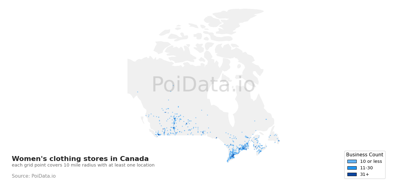 Women's clothing store density map for Ontario, Canada