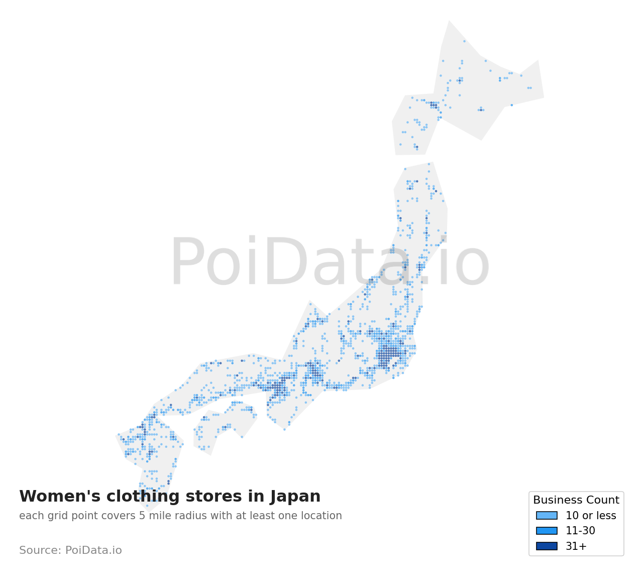 Women's clothing store density map for Motoyoshi District, Miyagi, Japan