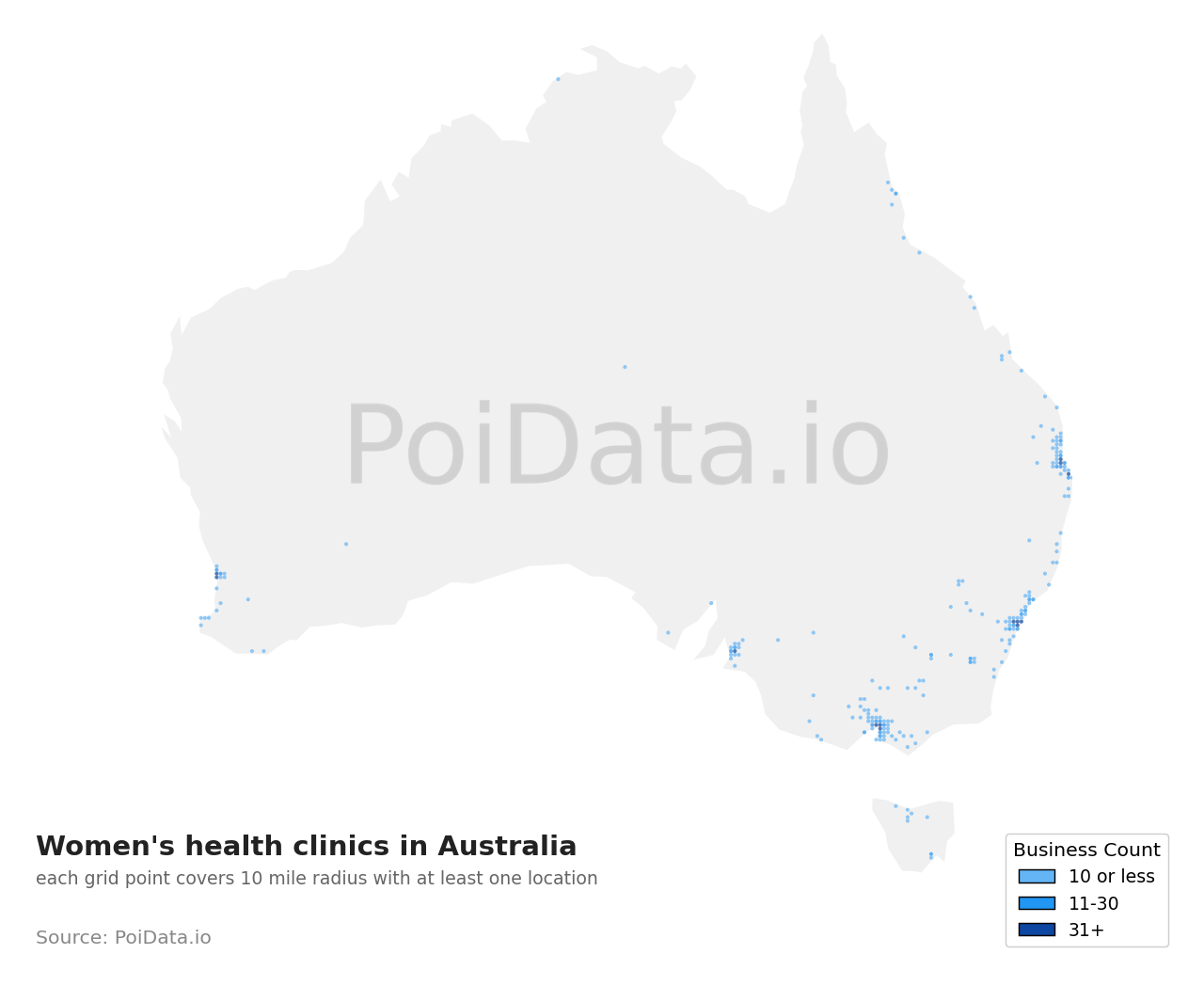 Women's health clinic density map for Australia