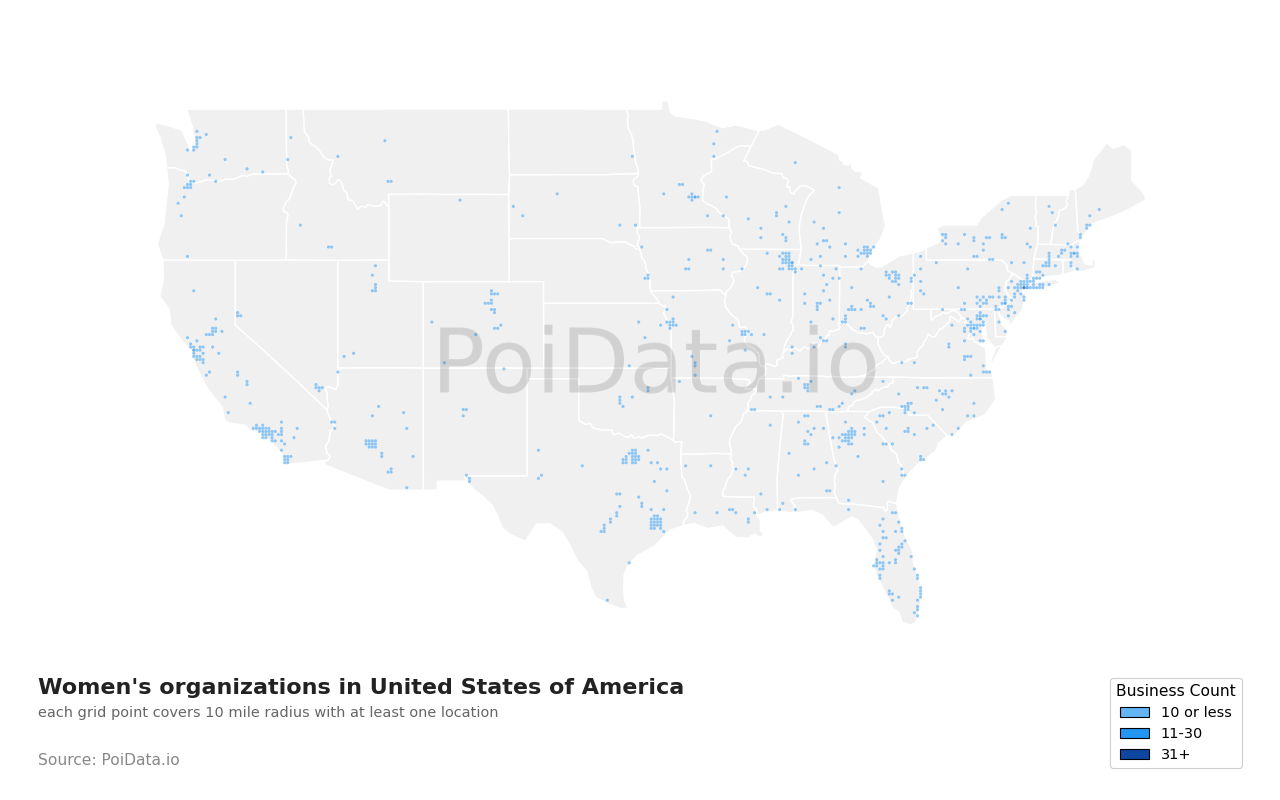 Women's organization density map for Texas, United States