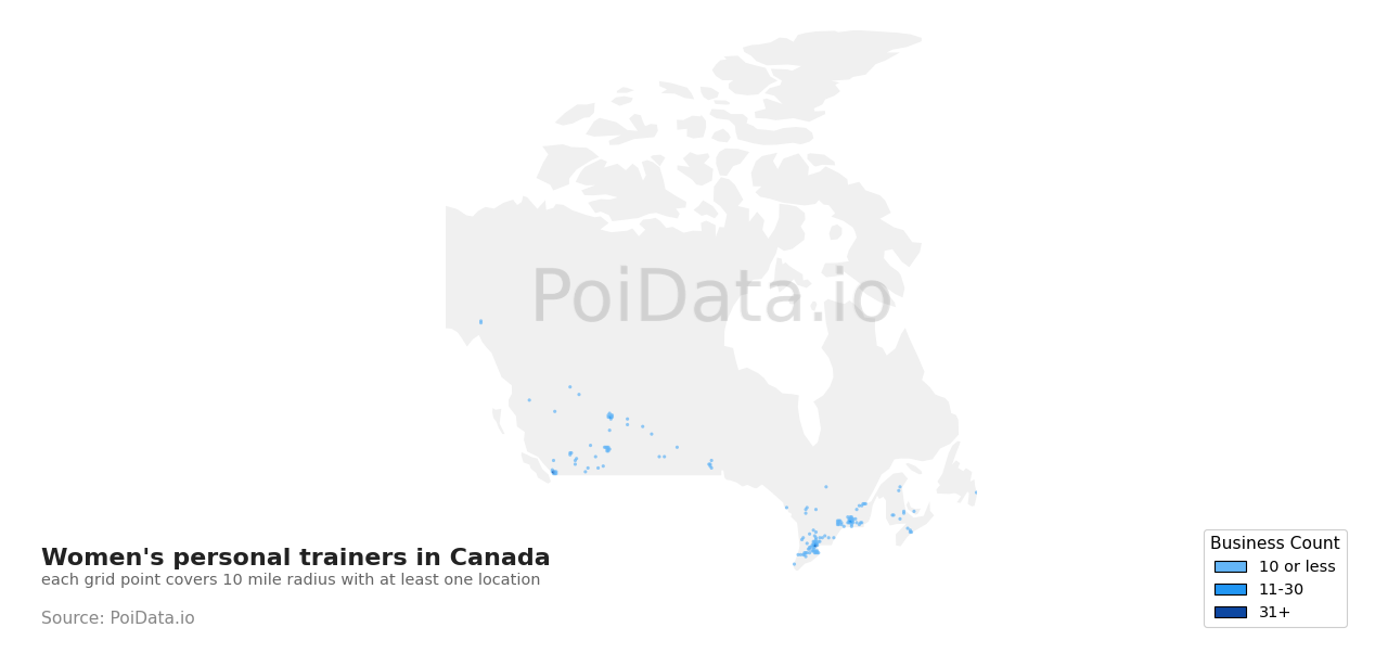 Women's personal trainer density map for British Columbia, Canada
