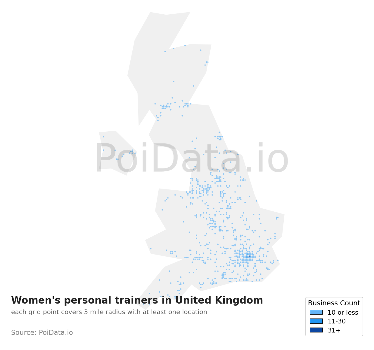 Women's personal trainer density map for United Kingdom