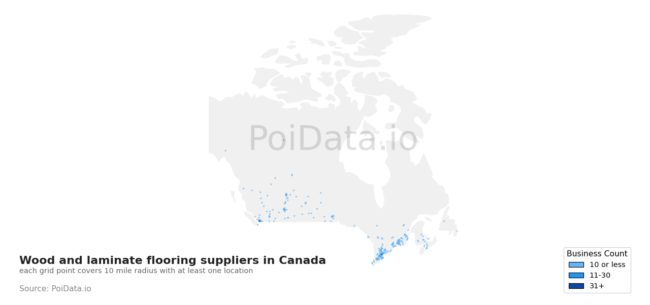 Wood and laminate flooring supplier density map for Quebec, Canada