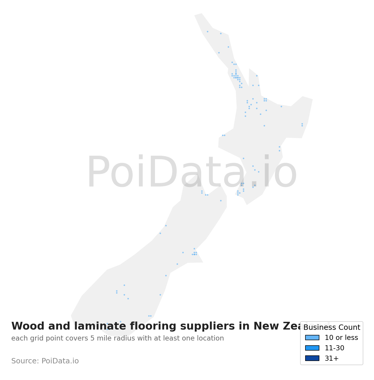 Wood and laminate flooring supplier density map for New Zealand