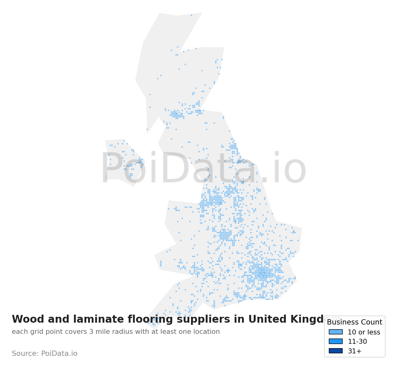 Wood and laminate flooring supplier density map for United Kingdom