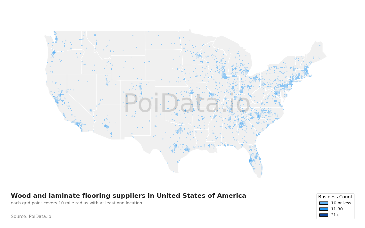 Wood and laminate flooring supplier density map for North Carolina, United States