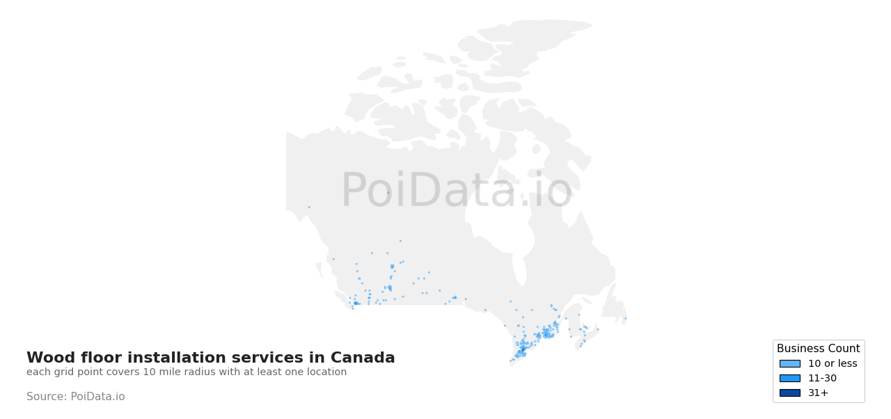 Wood floor installation service density map for British Columbia, Canada