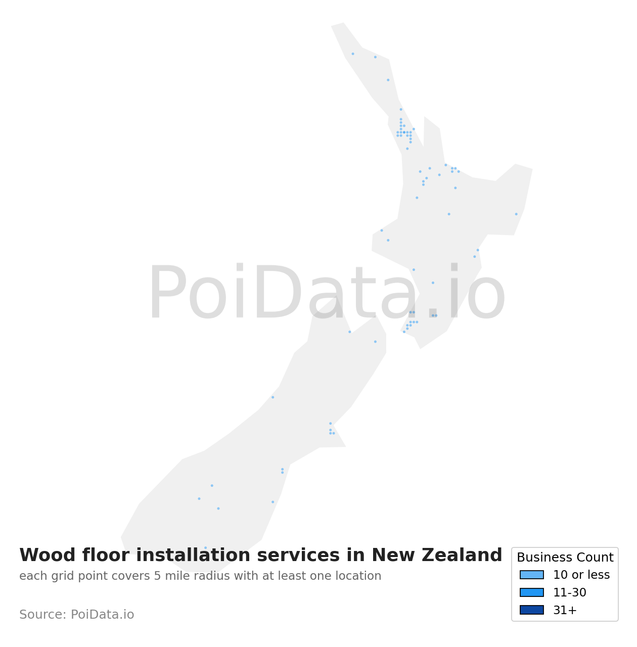 Wood floor installation service density map for New Zealand