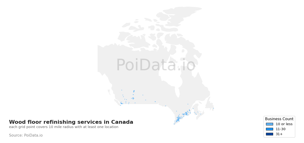 Wood floor refinishing service density map for Nova Scotia, Canada