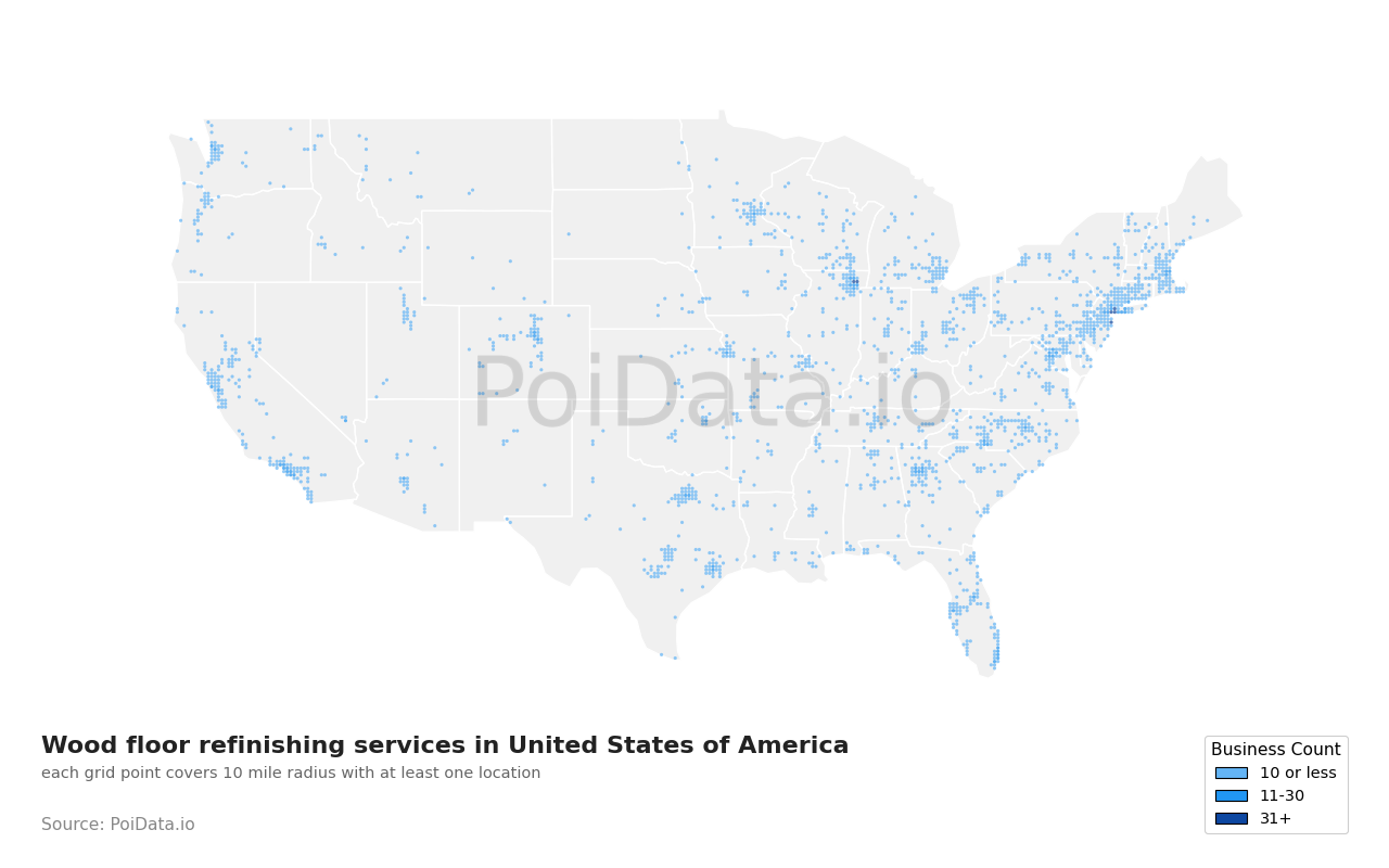 Wood floor refinishing service density map for United States