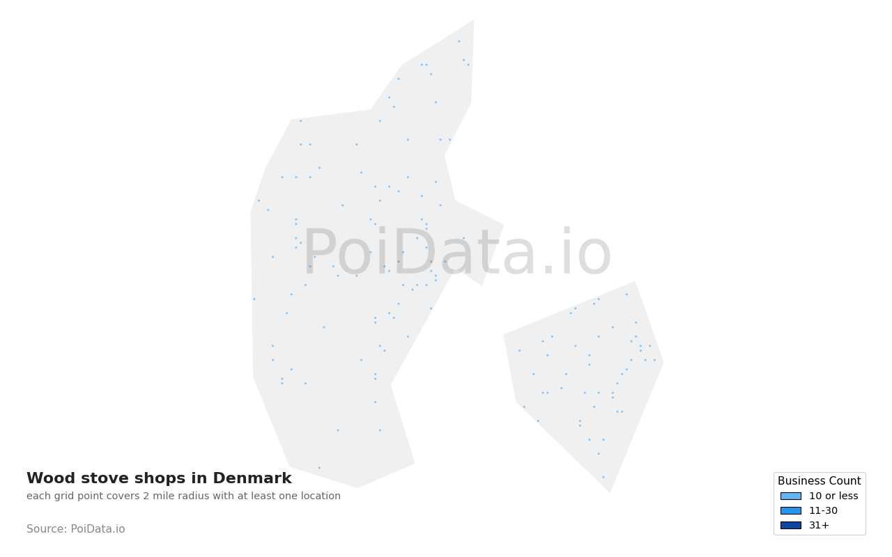 Wood stove shop density map for Denmark