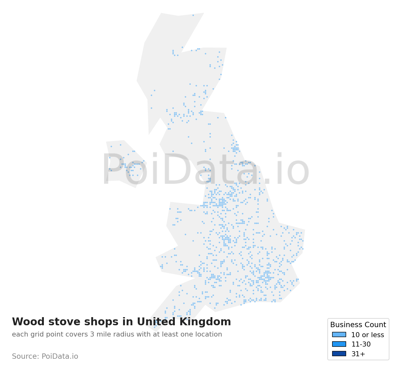 Wood stove shop density map for United Kingdom