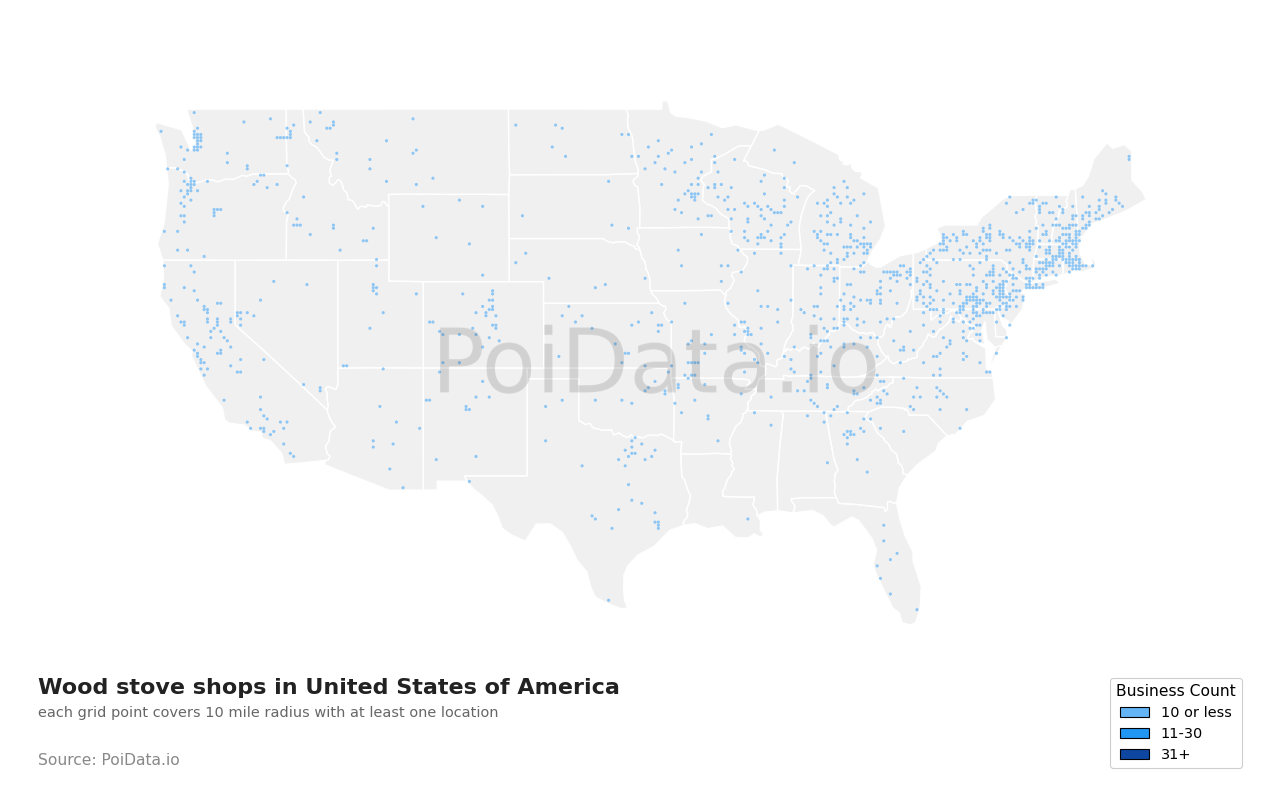 Wood stove shop density map for United States