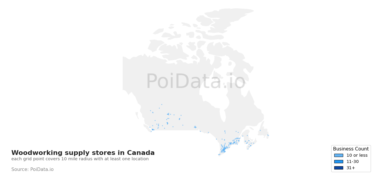 Woodworking supply store density map for Ontario, Canada