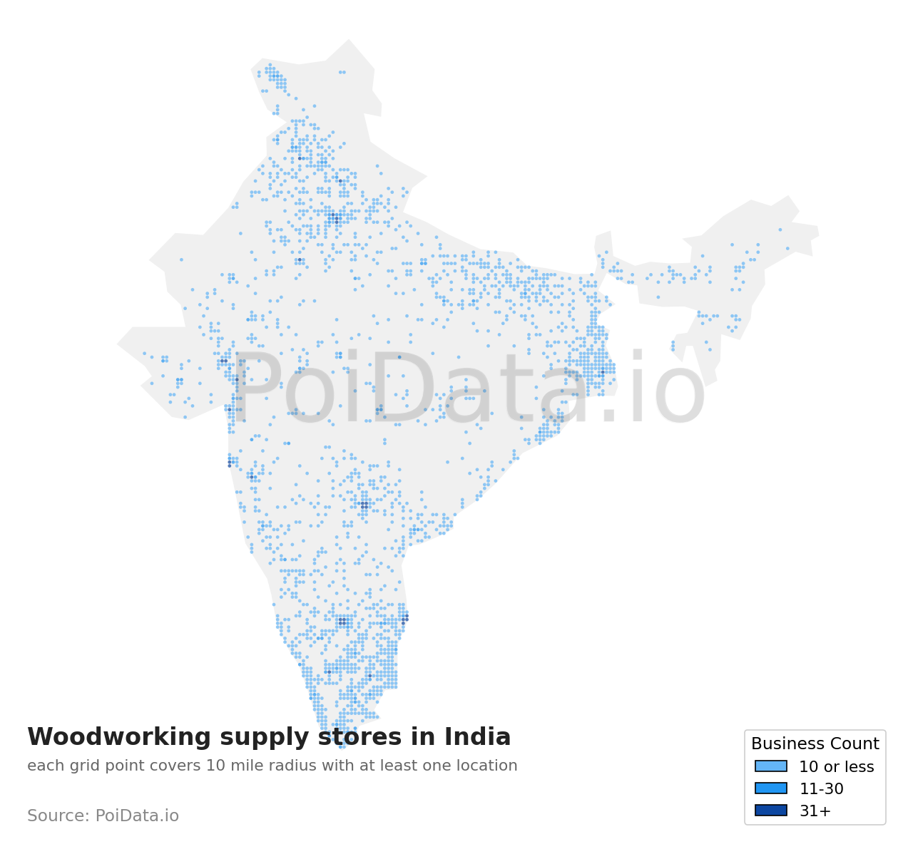Woodworking supply store density map for India