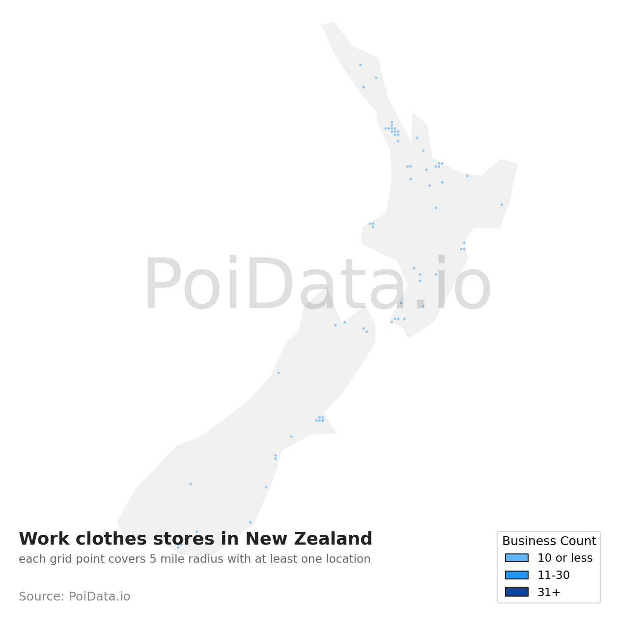 Work clothes store density map for New Zealand