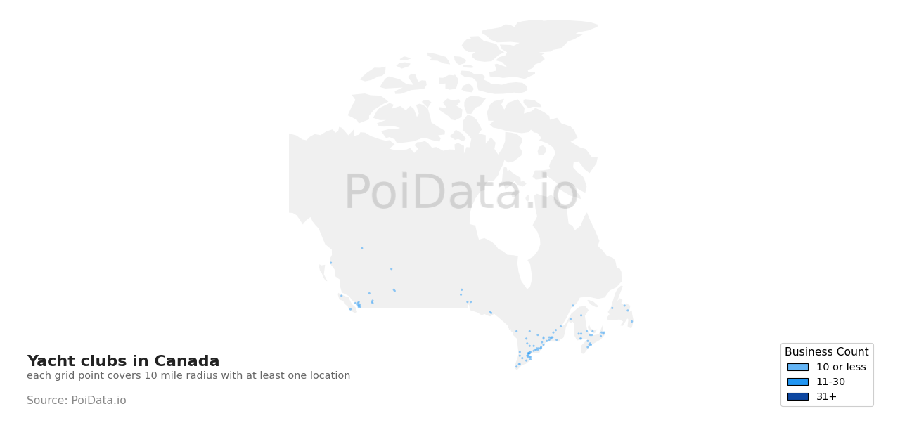 Yacht club density map for New Brunswick, Canada