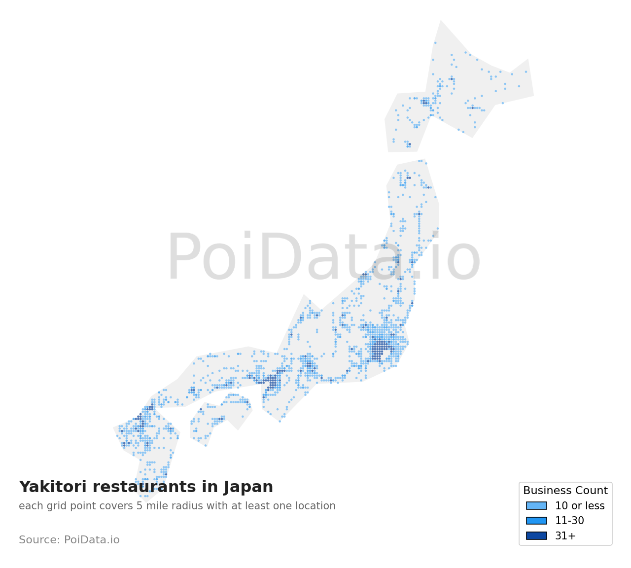 Yakitori restaurant density map for Japan