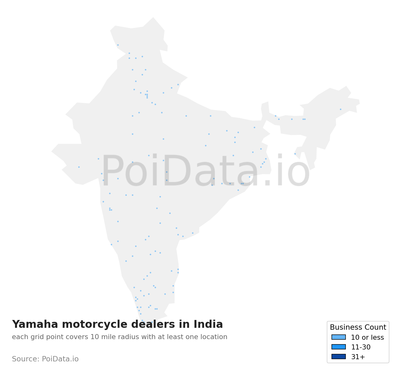 Yamaha motorcycle dealer density map for India