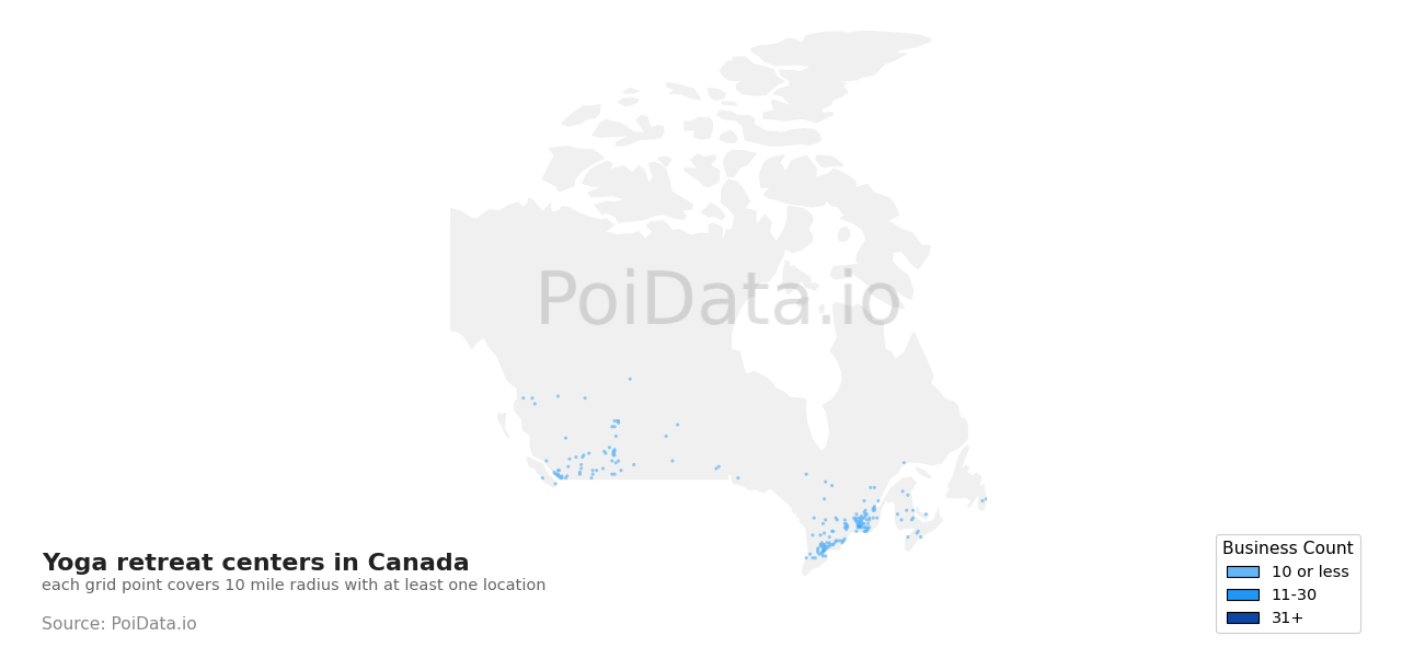 Yoga retreat center density map for British Columbia, Canada