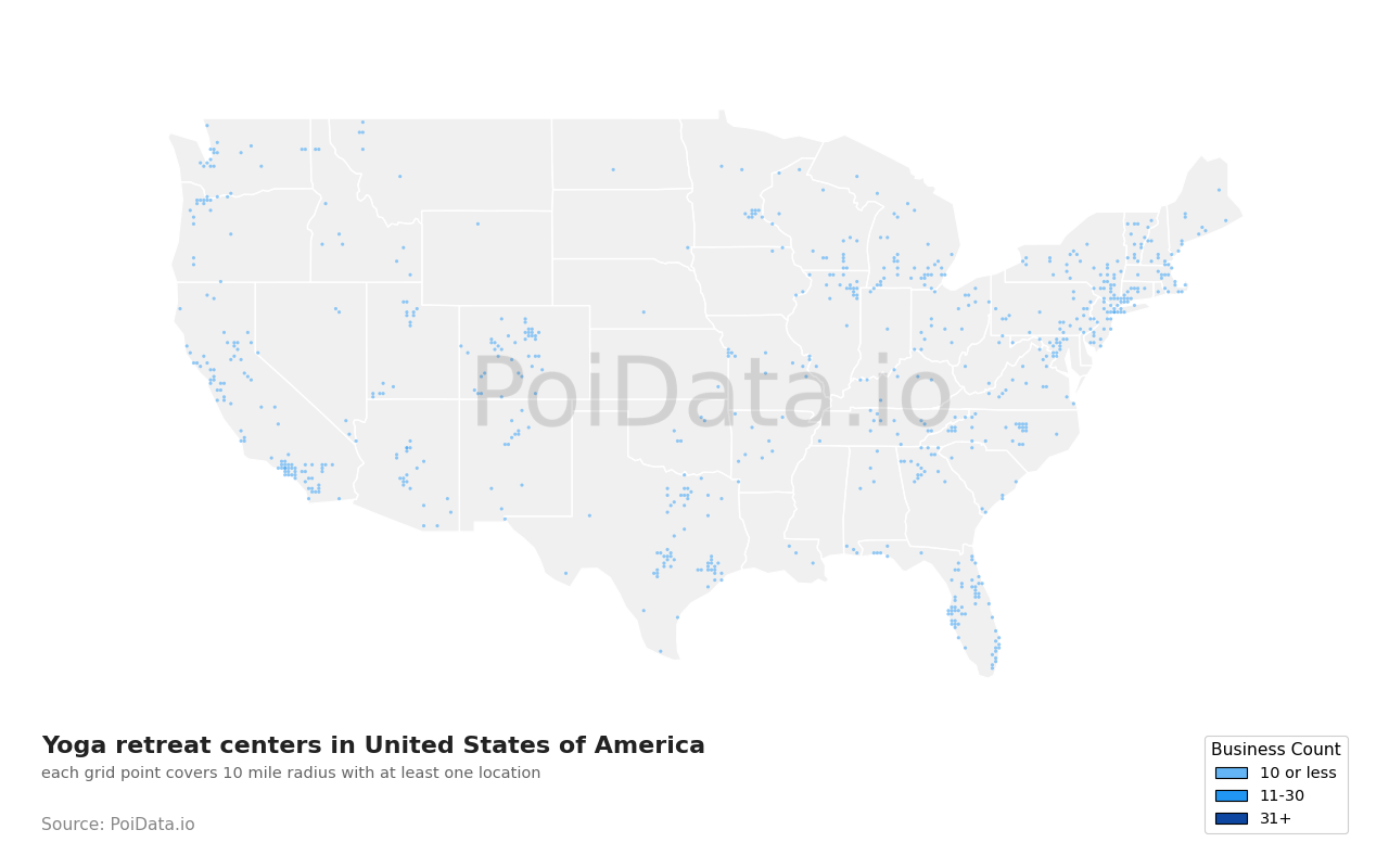 Yoga retreat center density map for California, United States