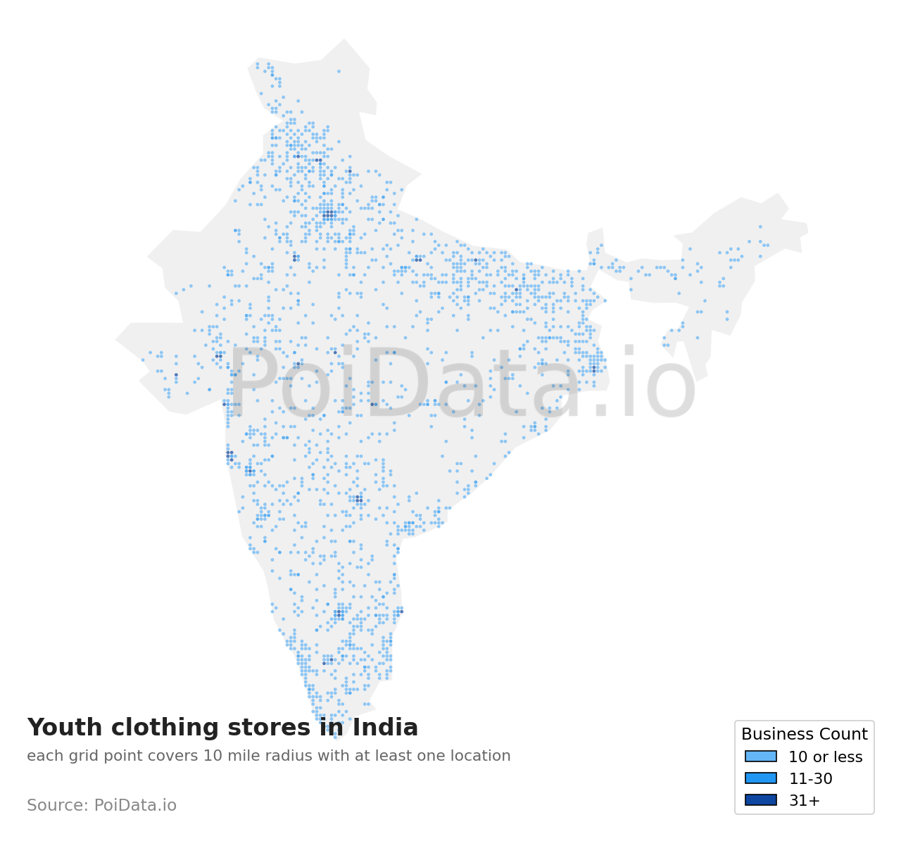 Youth clothing store density map for India