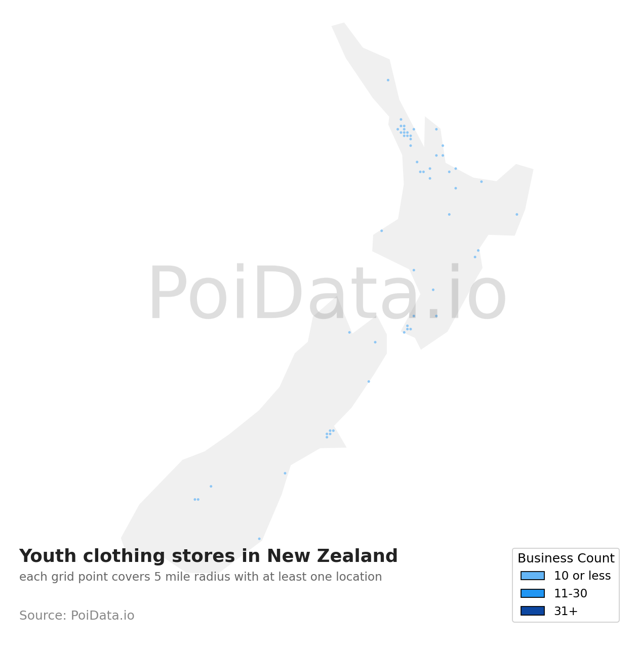 Youth clothing store density map for New Zealand