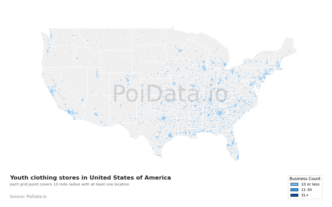 Youth clothing store density map for United States