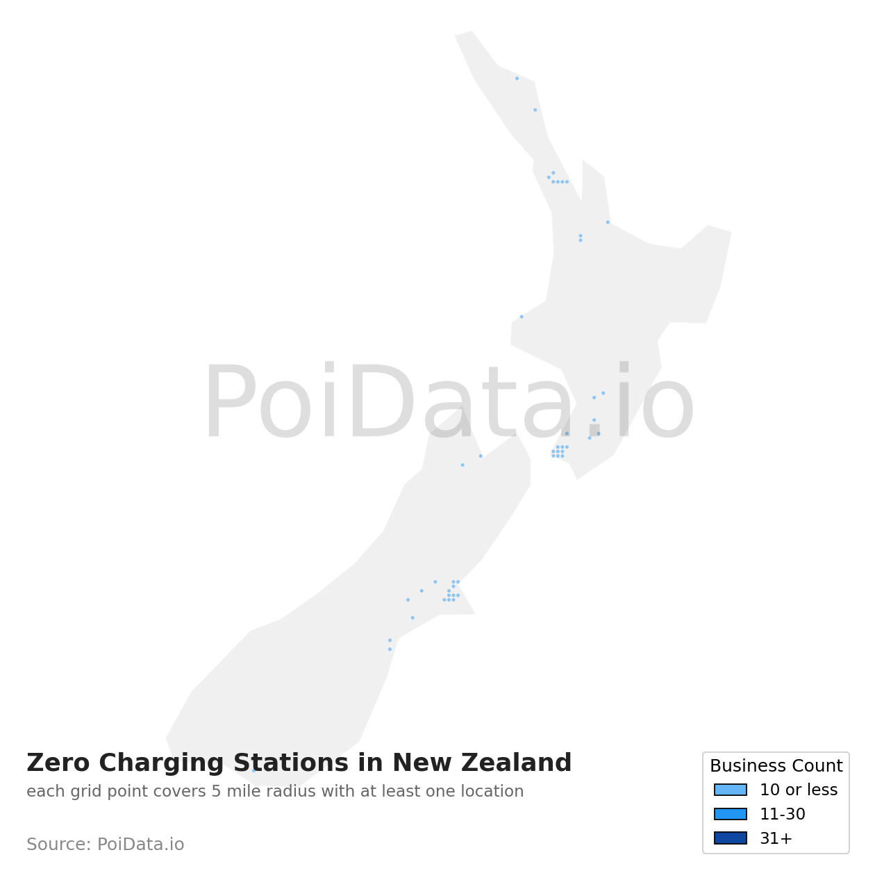 Zero Charging Station density map for New Zealand